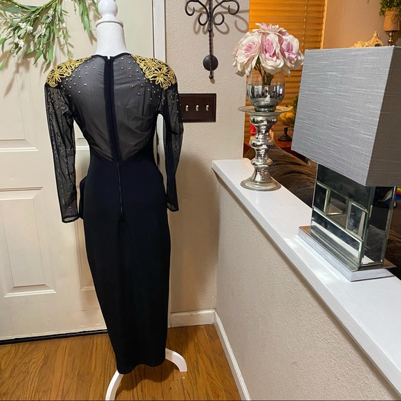 Vintage 80’s Caché Gold Embellished SheerArm Dress - Picture 11 of 13